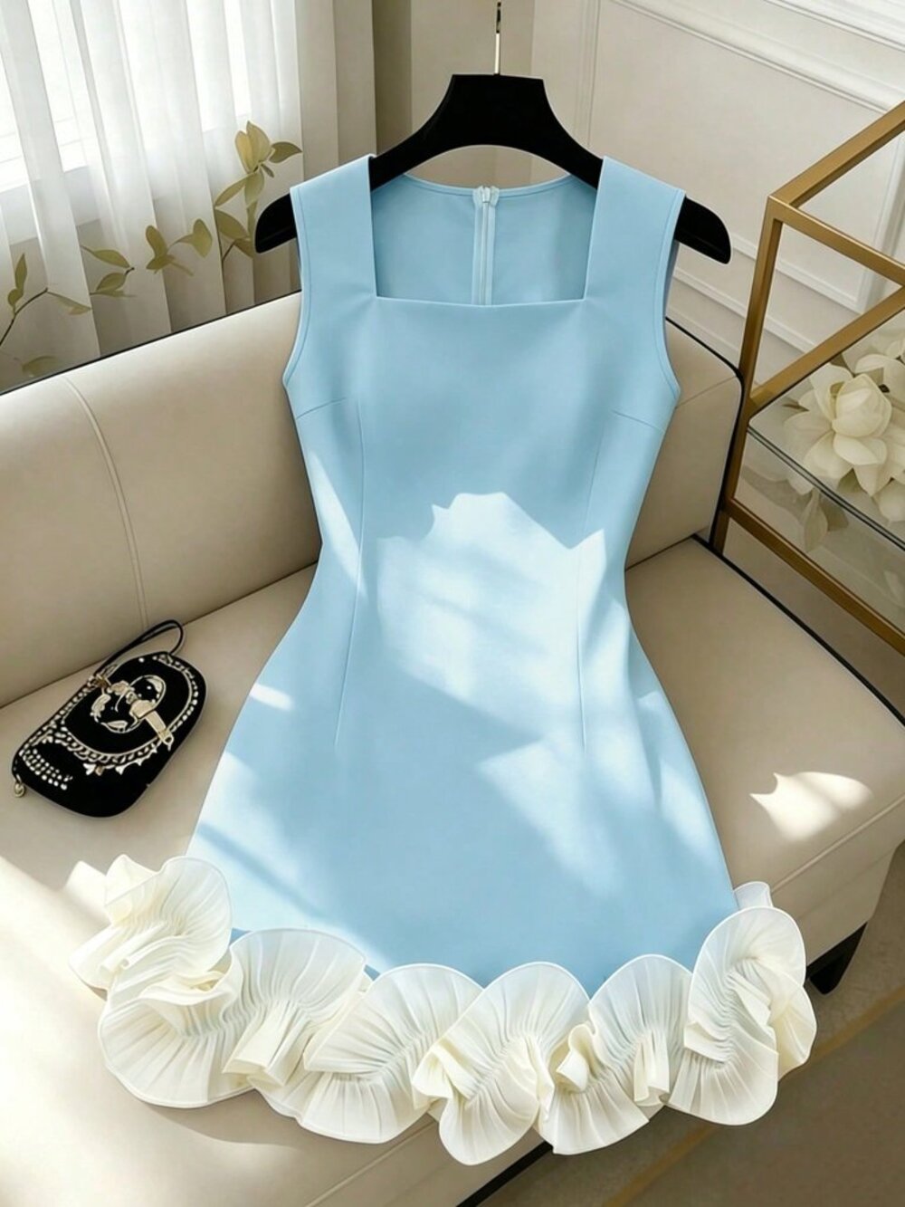 Blue Elegant Women's Patchwork Ruffle Hem Square Neck Sleeveless Dress - Picture 4 of 5